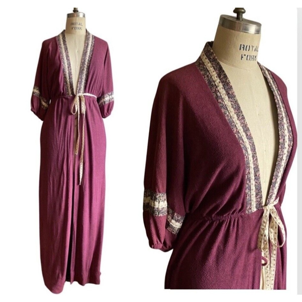 Vintage 70s Prairie Terry Cloth Robe S Dress Bishop Sleeve Cottagecore Floral